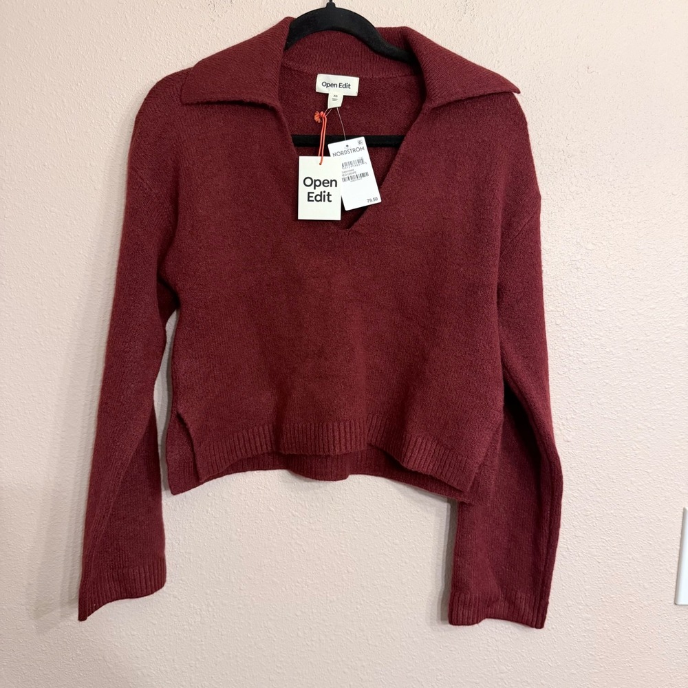 Open Edit Womens Red Grape Long Sleeve Polo Sweater ED494109MI Size XS NWT